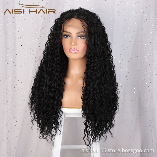 Aisi Hair 24 Inch Long Curly Wave Natural Black Swiss Lace Wig Afro Kinky Style Synthetic Lace Frontal Hair Wigs For Black Women